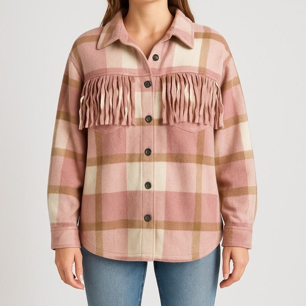Umgee Fringe Plaid Shacket L Pink Oversized Button Front Western Boho NWT Gift